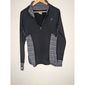 HEAD Womens Black Gray Stripe Quarter Zip Pullover Athletic Top M athleisure gym